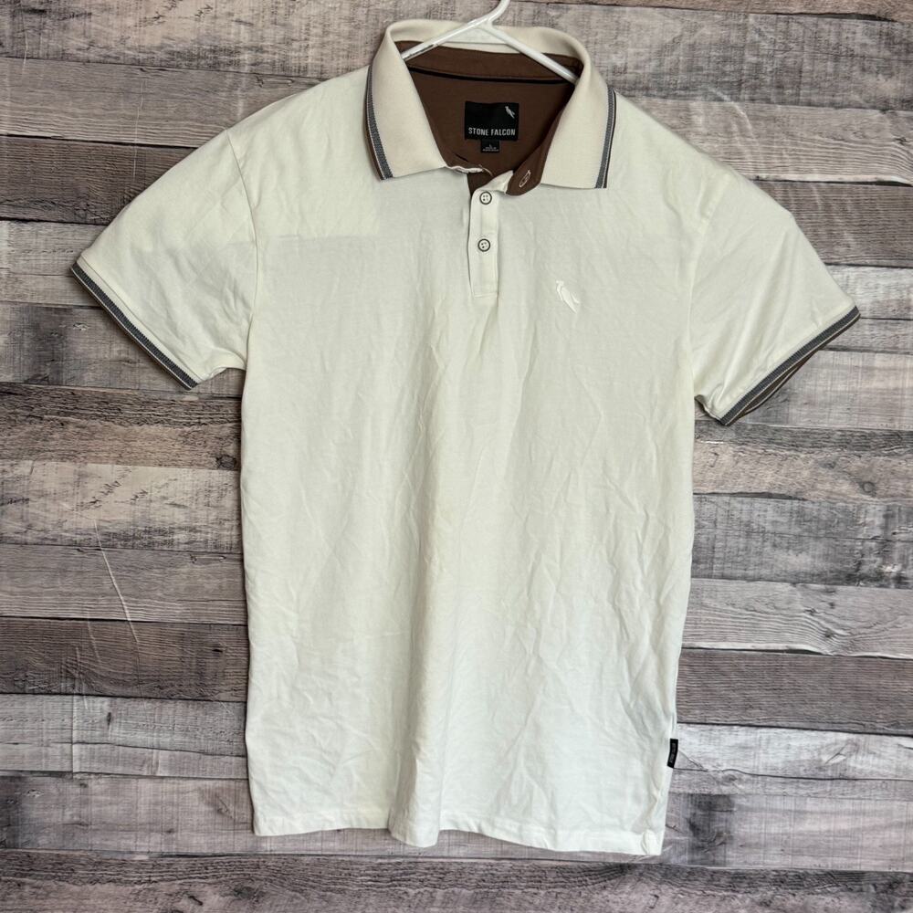 Stone Falcon Golf Polo Shirt Mens Medium Ivory Short Sleeve Preppy Business